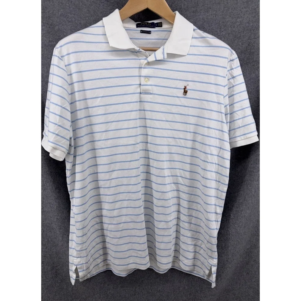 Polo Ralph Lauren Polo Shirt White Blue  Striped Large Flesh Pony Classic Fit